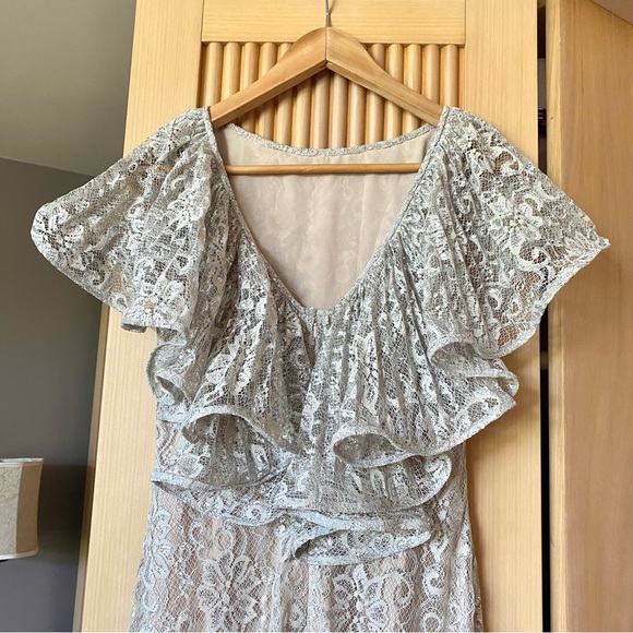 Badgley Mischka collection metallic lace gown maxi dress silver - Picture 6 of 9